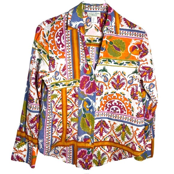Calypso St. Barth Multicolor Boho Print Cotton Button Front Blouse Women’s small - Picture 2 of 7